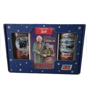 Vintage 1992 PEPSI "A Christmas Carol" SCROOGE Boxed Set VHS Tape & 2 Glasses
